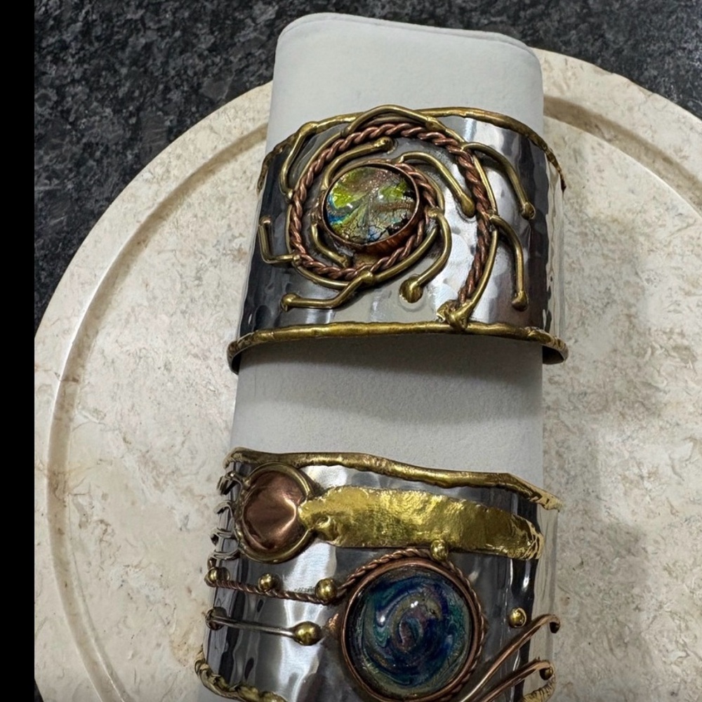 TWO: Artisan Silver/Copper/Brass/Gold Cuff Bracelets